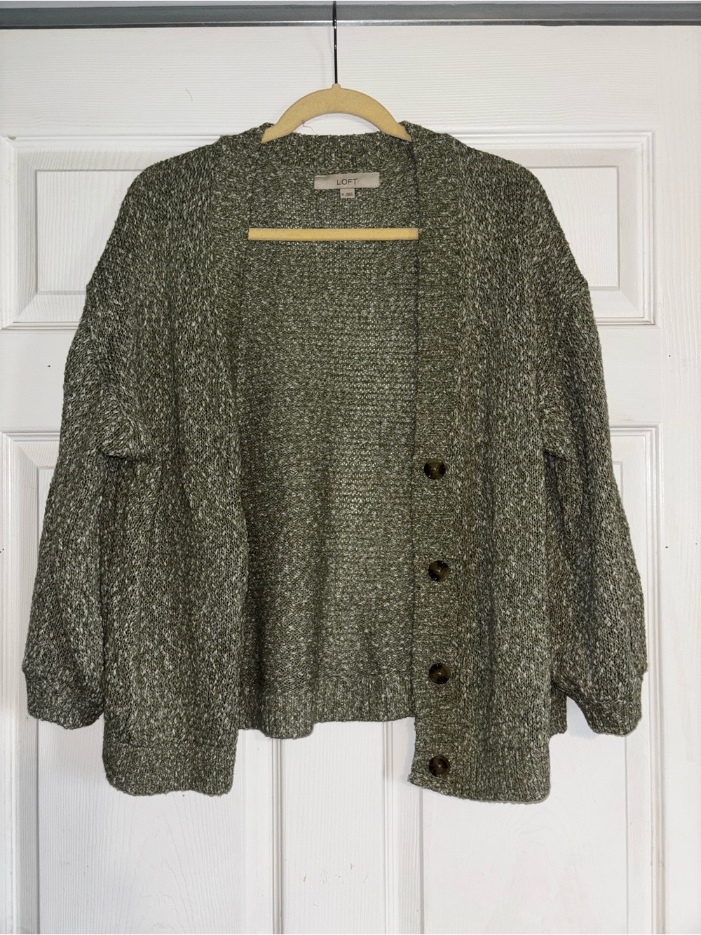 LOFT Marled Olive Green Button-Front Cardigan